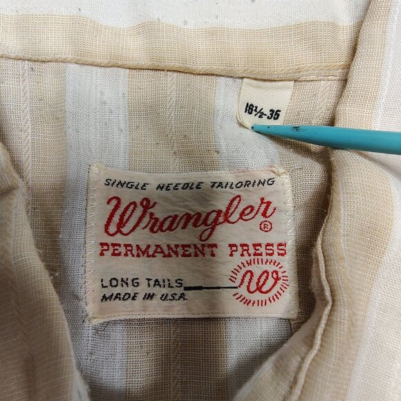 VINTAGE Wrangler Shirt Pearl Snap Long Sleeve Striped Long Tails Size 18.5-36 - Picture 6 of 12